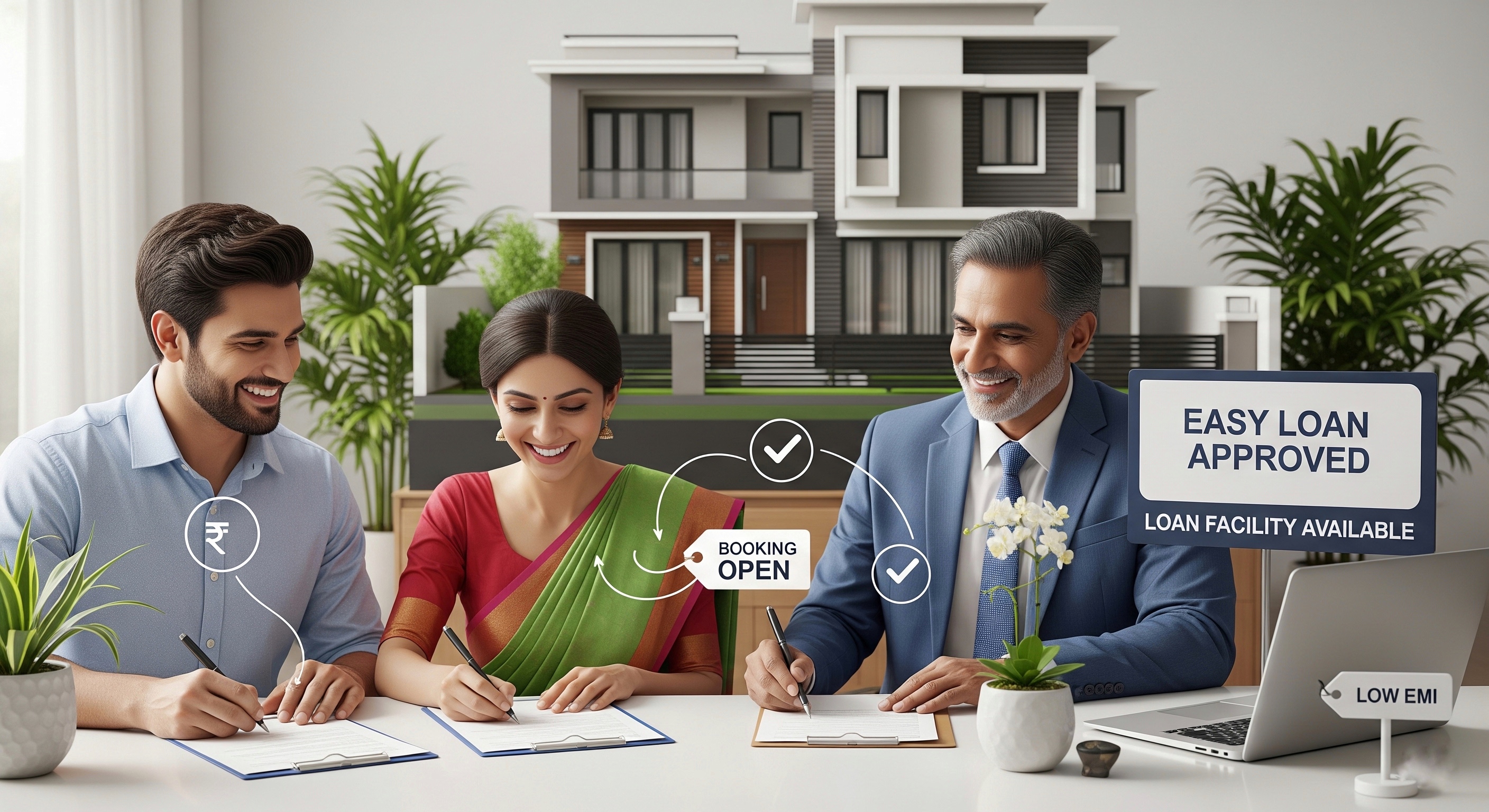 Happy couple consulting sales expert for Green Nest villa booking in Pal with loan facility options